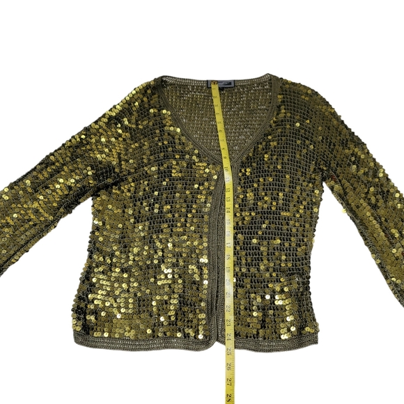 Zashi Sparkling Khaki Green/Gold Sequined Cardigan Top Sz L - Picture 5 of 9